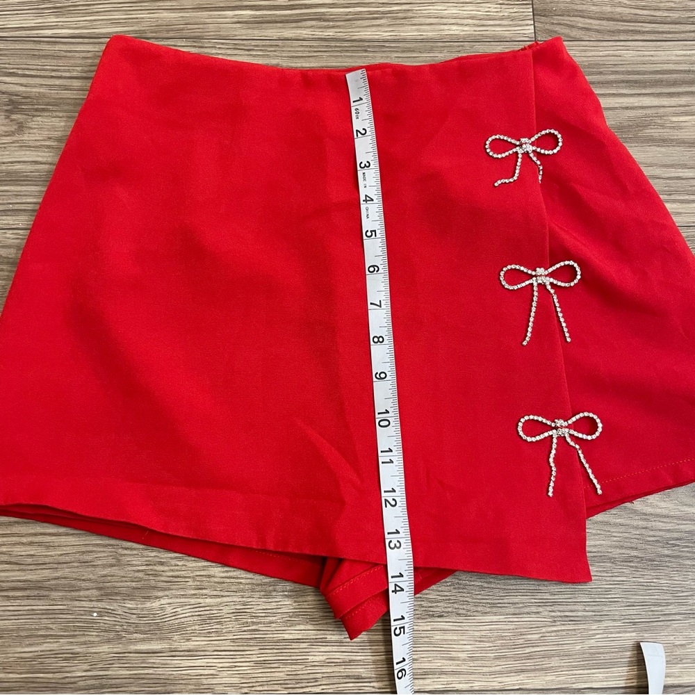 Lulumari Red Rhinestone Bow Wrap Front Mini Skort - Picture 8 of 10